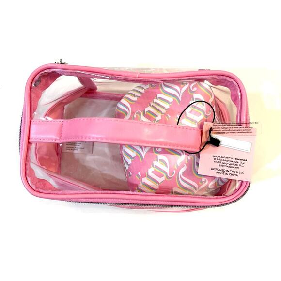 Juicy Couture Pink Clear Cosmetic Bag Set Makeup Travel Case Rainbow Logo NWT - Picture 3 of 4